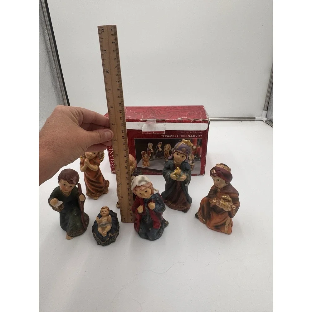 Vtg Nativity Child Set Kirklands Ceramic Glazed 7 Pieces Wiseman Is Missing 5.5